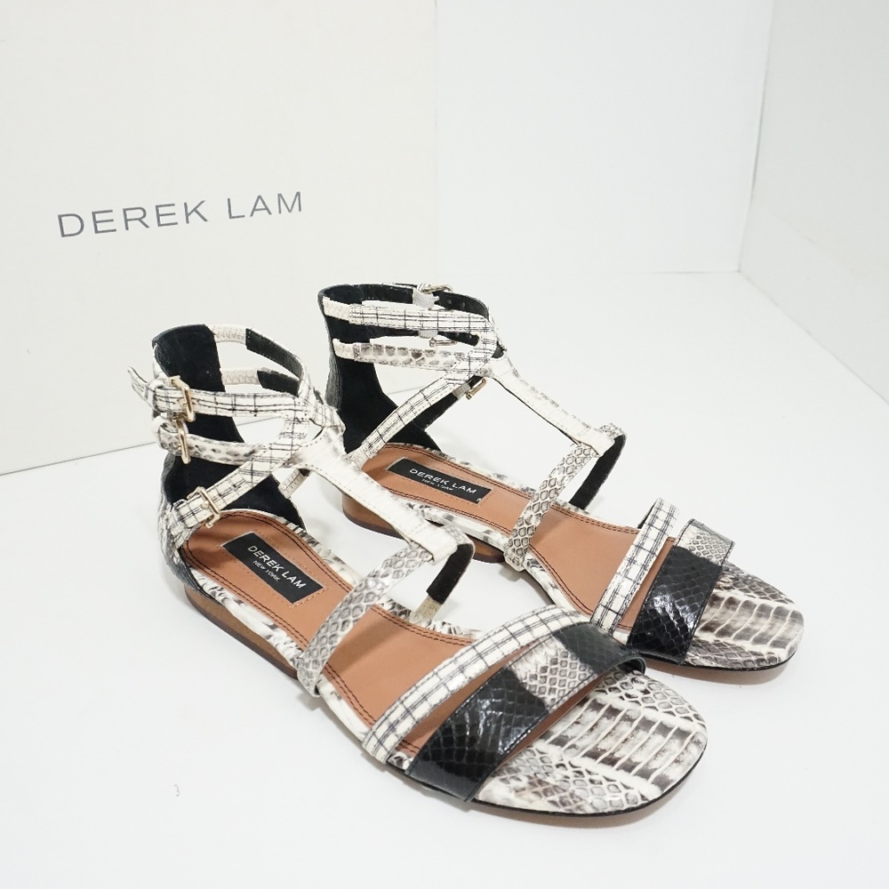 Derek Lam Black & White Snake-Print Strappy Flat Sandals